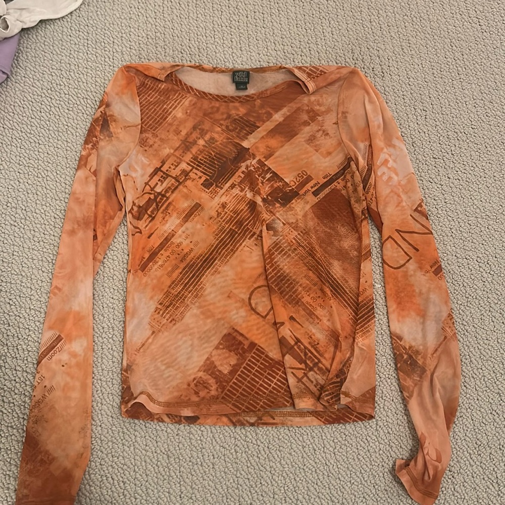 sheer orange cityscape grunge mesh top